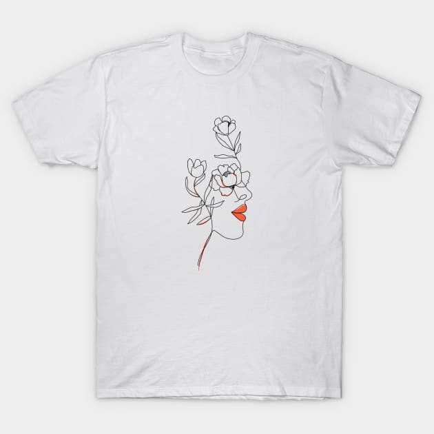 Minimal Woman line art. Trendy one line girl face with flower and leaves. Female poster. T-Shirt by CoCoArt-Ua